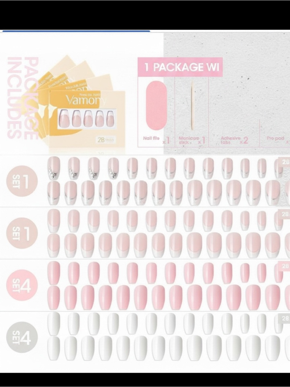 AMO Women Makeup Press-On Nails - Pink, White, Nude - Picture 3 of 4